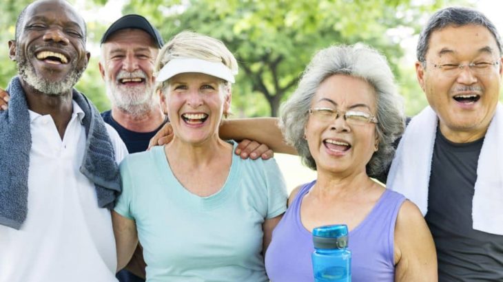 Relaxed group of seniors after exercising.